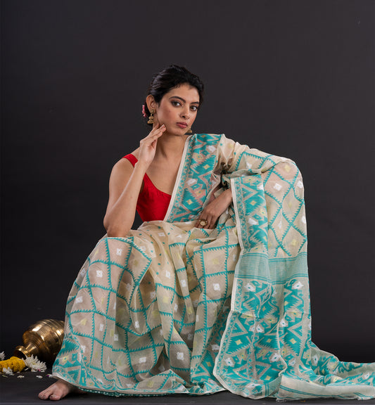 Elegant Handwoven Cotton Jamdani Saree – Ivory with Aqua Motifs