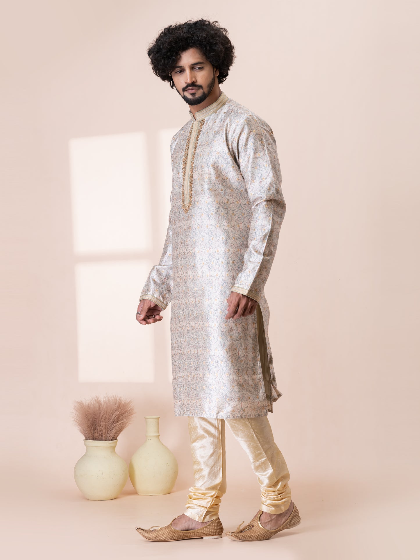 Elegant Bidwell Brown Silk Kurta Pajama Set with Neck Handwork