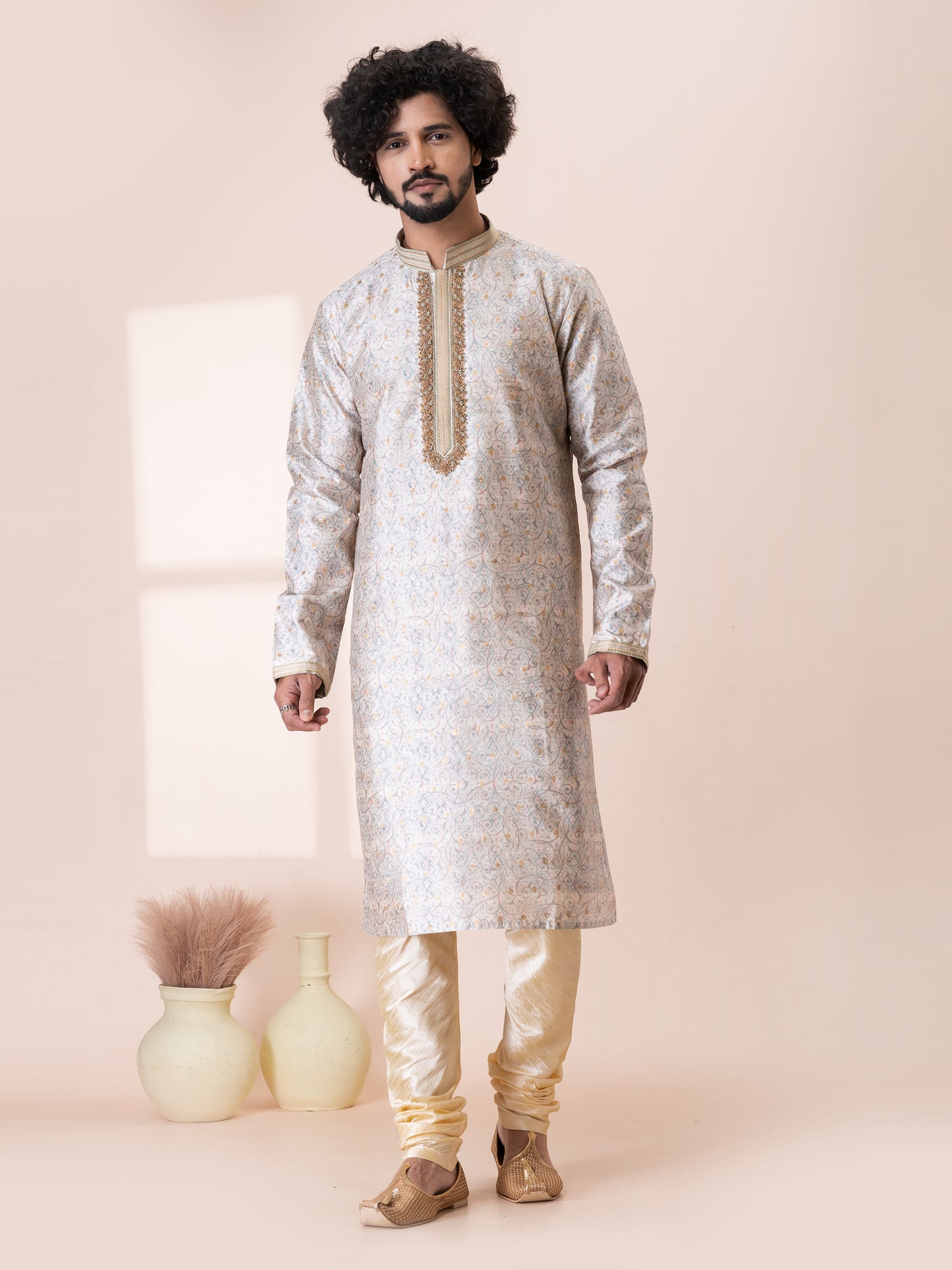 Elegant Bidwell Brown Silk Kurta Pajama Set with Neck Handwork