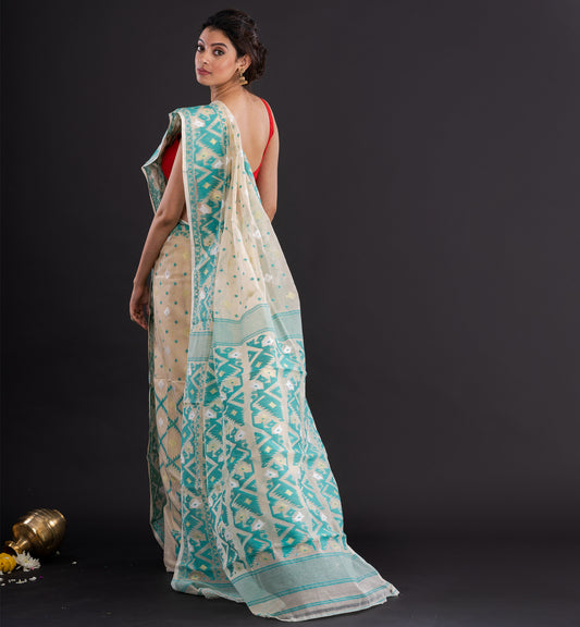 Elegant Handwoven Cotton Jamdani Saree – Ivory with Aqua Motifs
