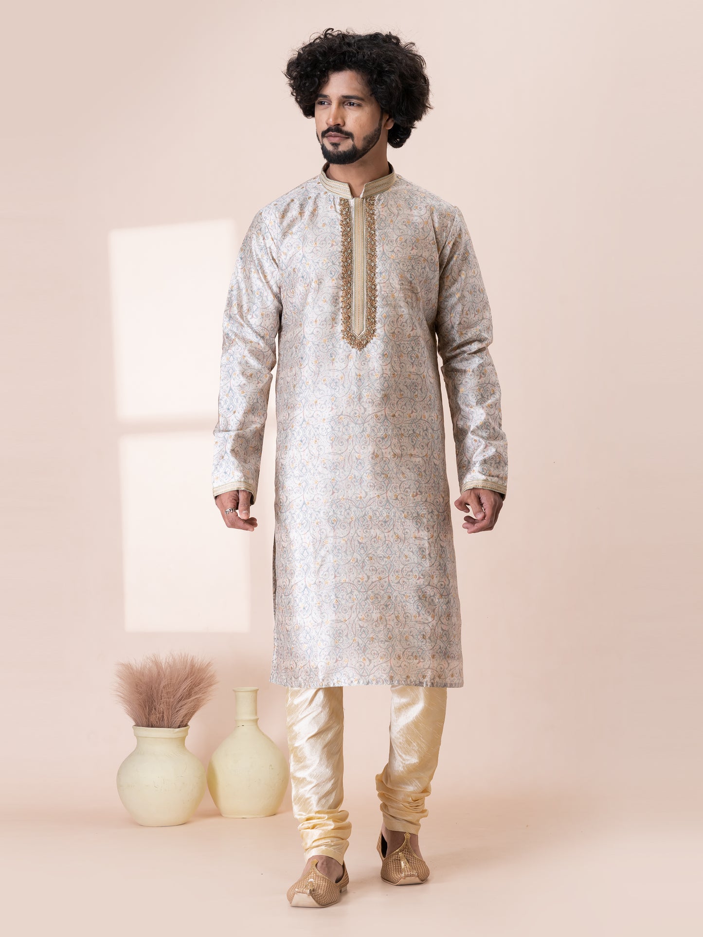 Elegant Bidwell Brown Silk Kurta Pajama Set with Neck Handwork