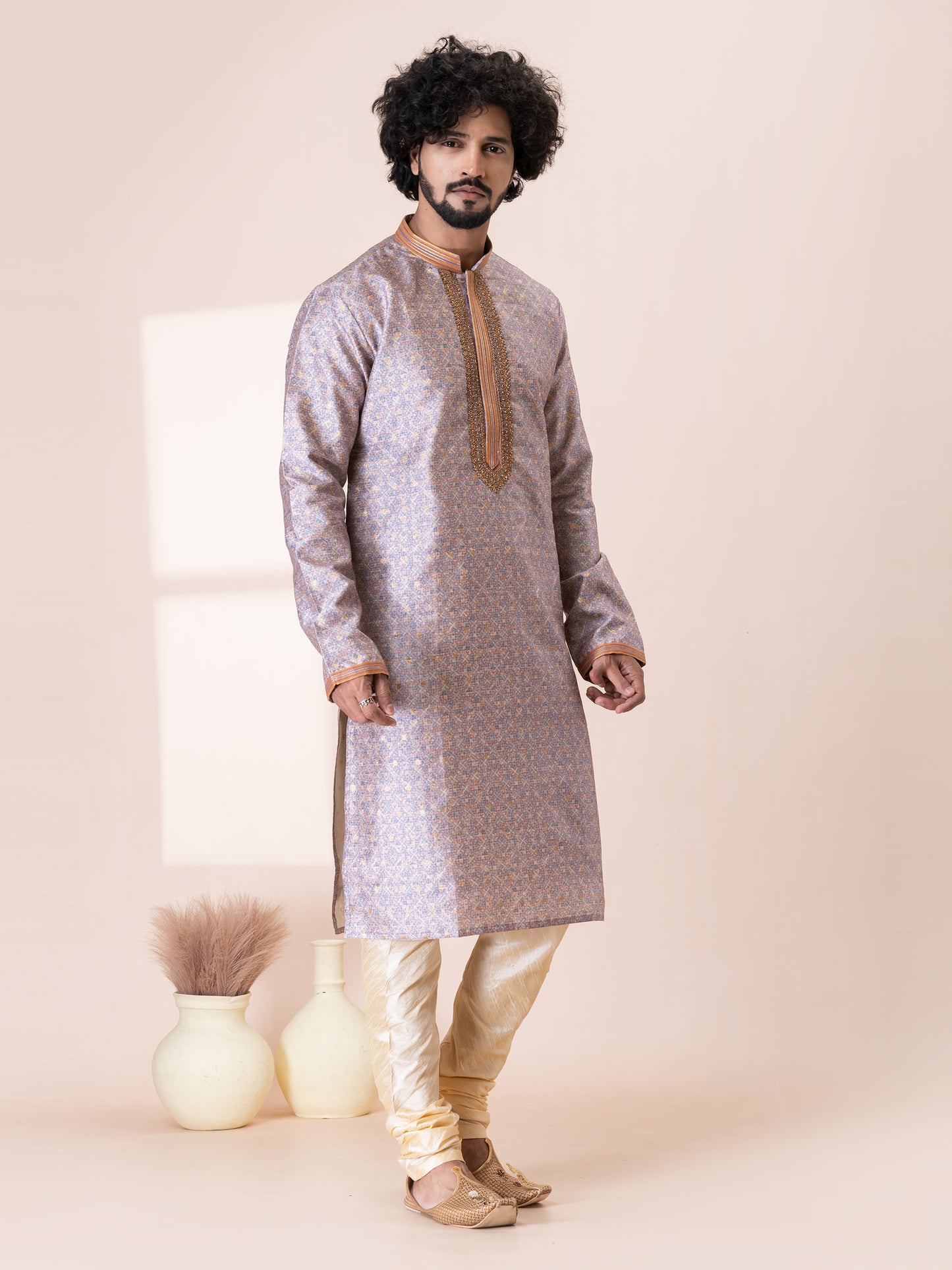 Dignified Cocoa Berry Silk Kurta Pajama Set with Neck Handwork