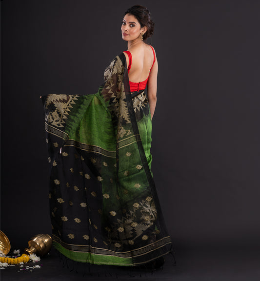 Handwoven Green & Black Cotton Silk Saree with Golden Zari Motifs