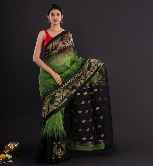 Handwoven Green & Black Cotton Silk Saree with Golden Zari Motifs