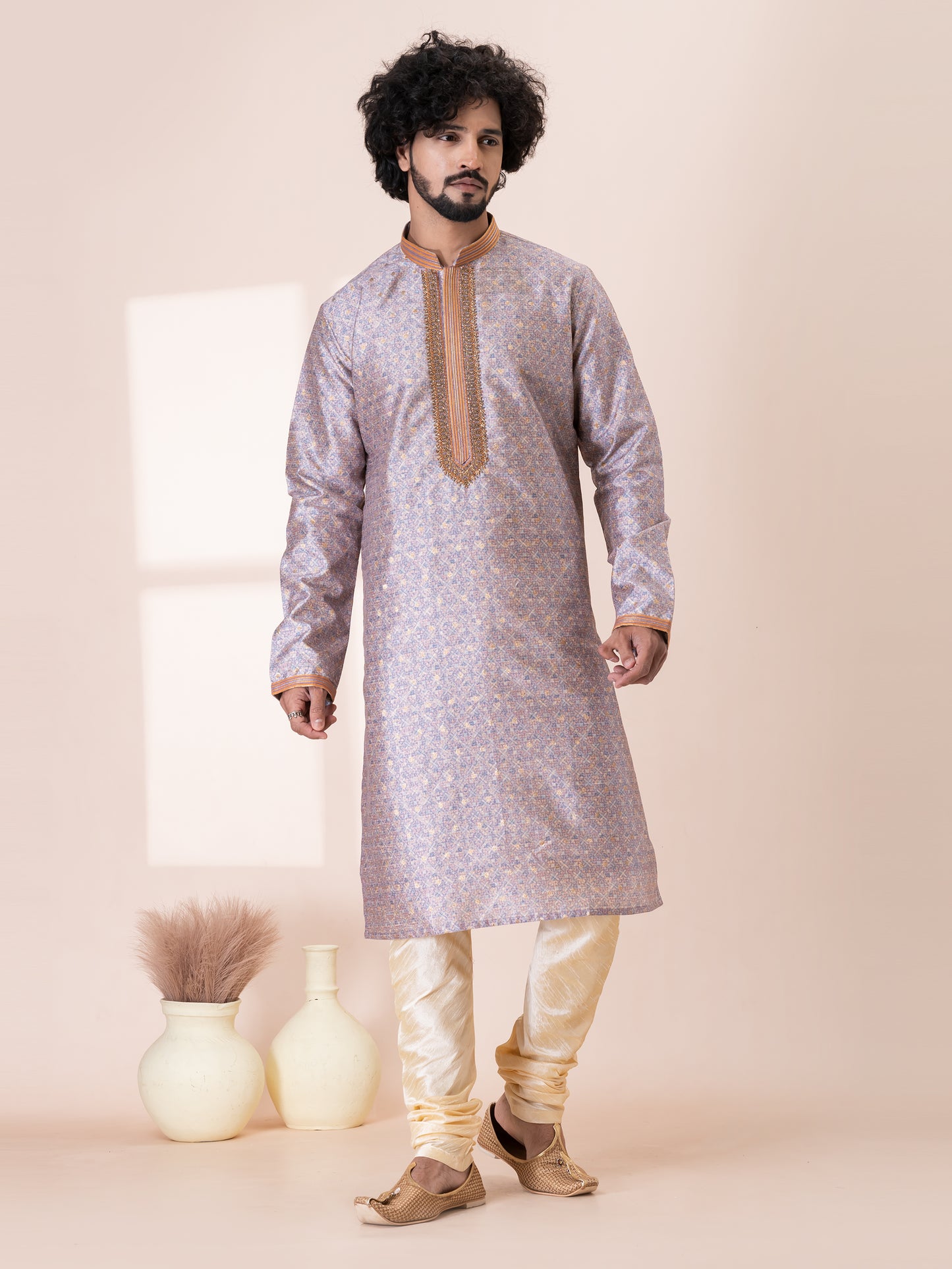 Dignified Cocoa Berry Silk Kurta Pajama Set with Neck Handwork