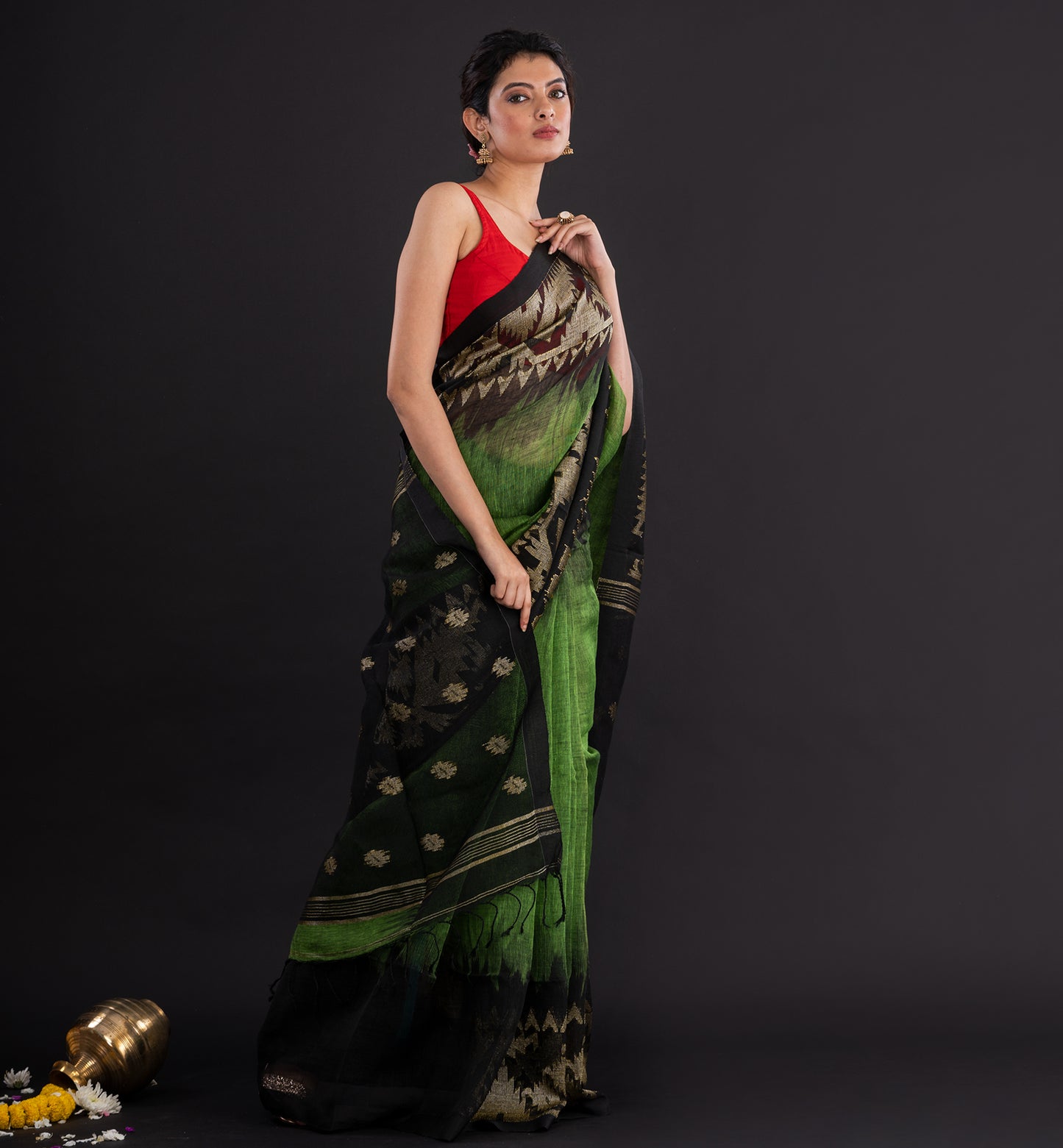 Handwoven Green & Black Cotton Silk Saree with Golden Zari Motifs