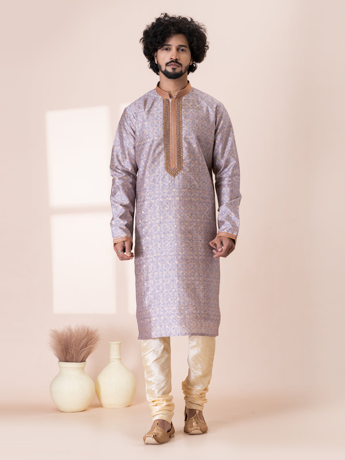 Dignified Cocoa Berry Silk Kurta Pajama Set with Neck Handwork