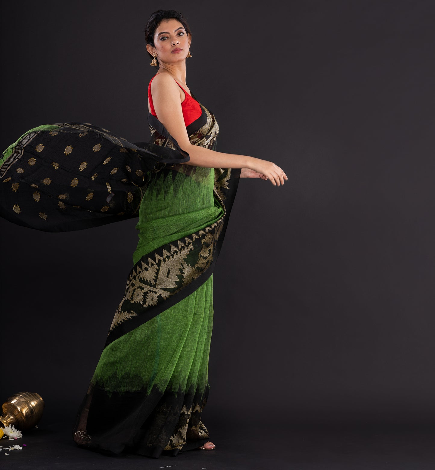 Handwoven Green & Black Cotton Silk Saree with Golden Zari Motifs