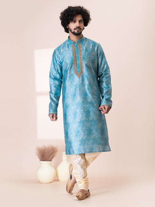 Majestic Moonstone Blue Silk Kurta Pajama Set with Neck Handwork