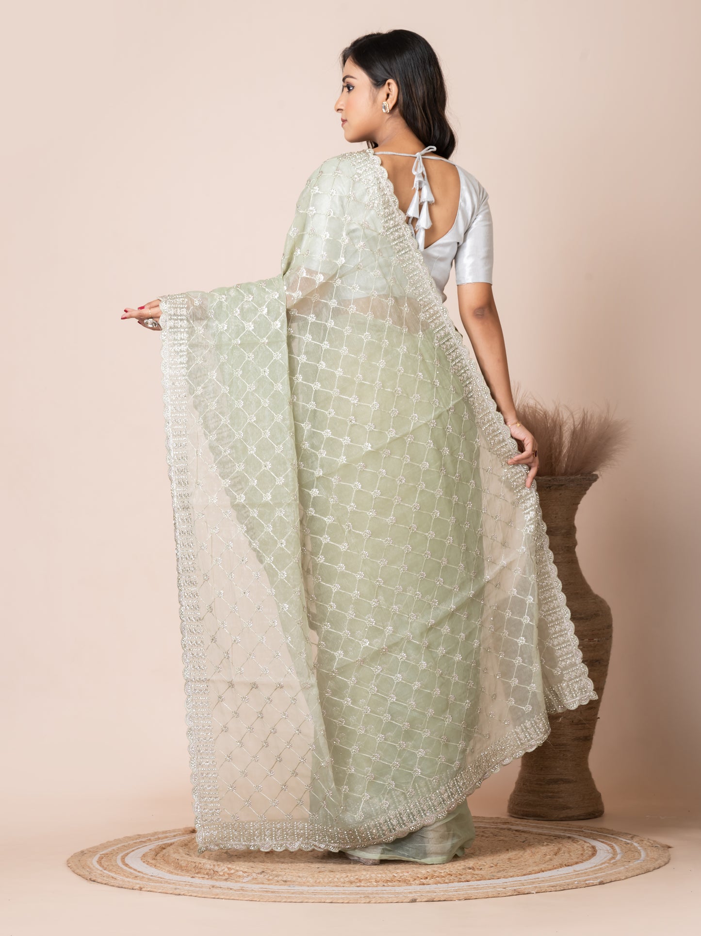 Exquisite Mint Green Tissue Saree