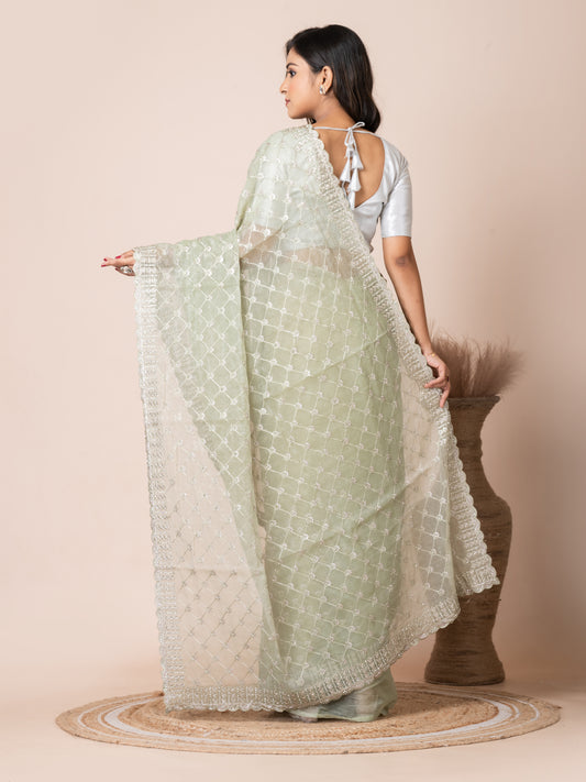 Exquisite Mint Green Tissue Saree