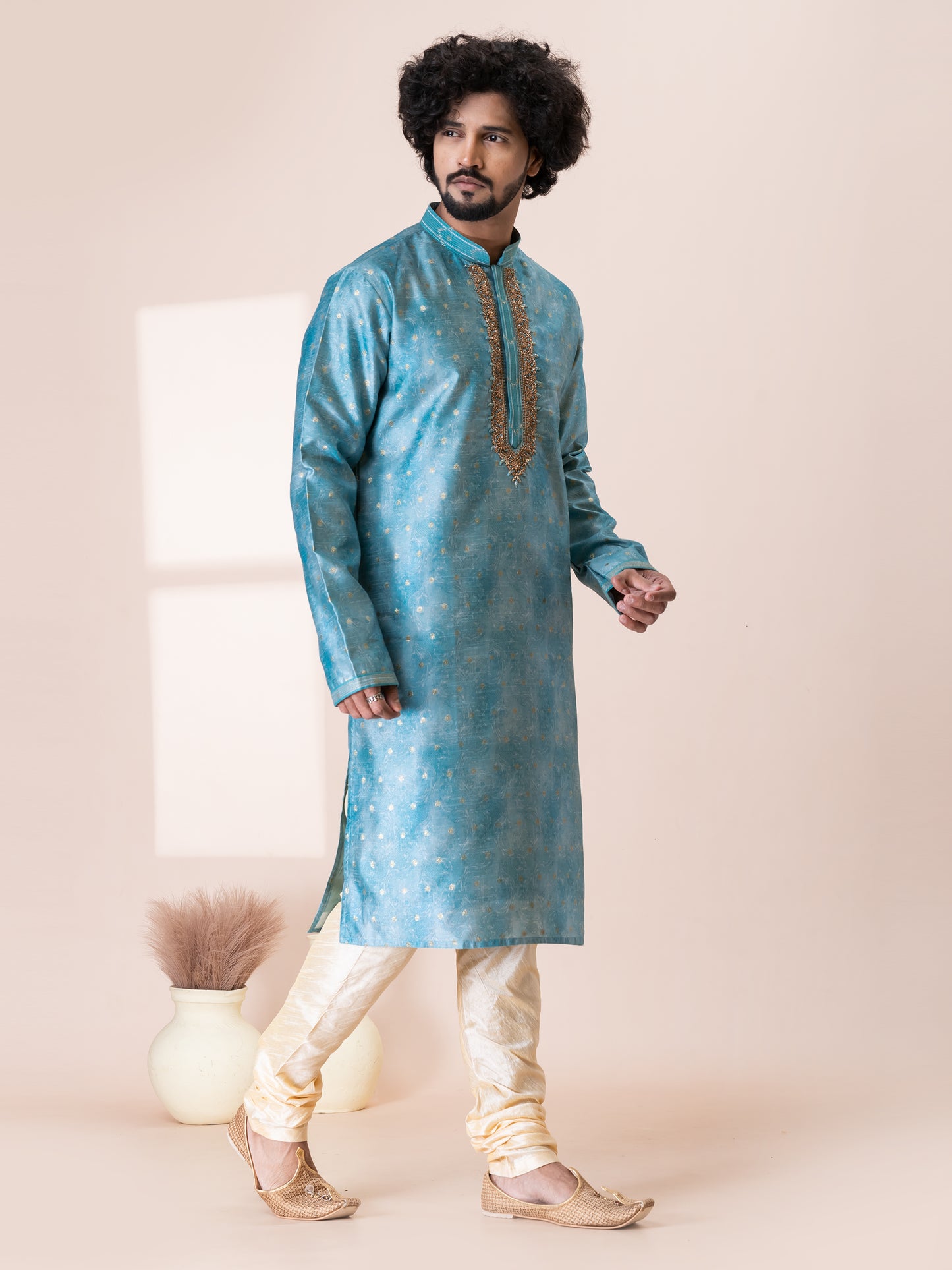 Majestic Moonstone Blue Silk Kurta Pajama Set with Neck Handwork
