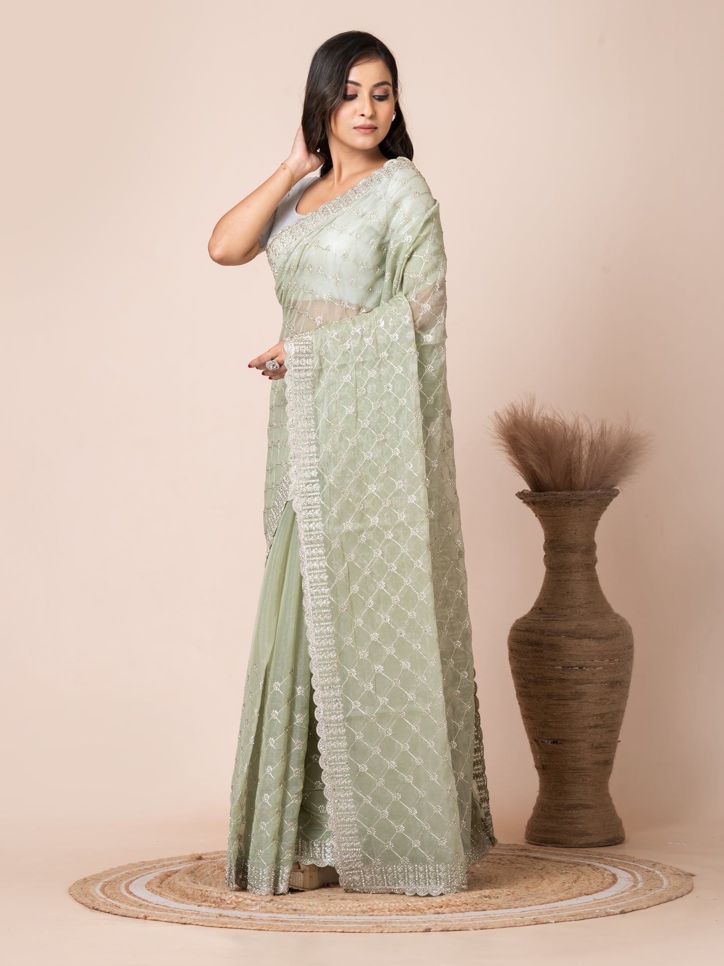 Exquisite Mint Green Tissue Saree