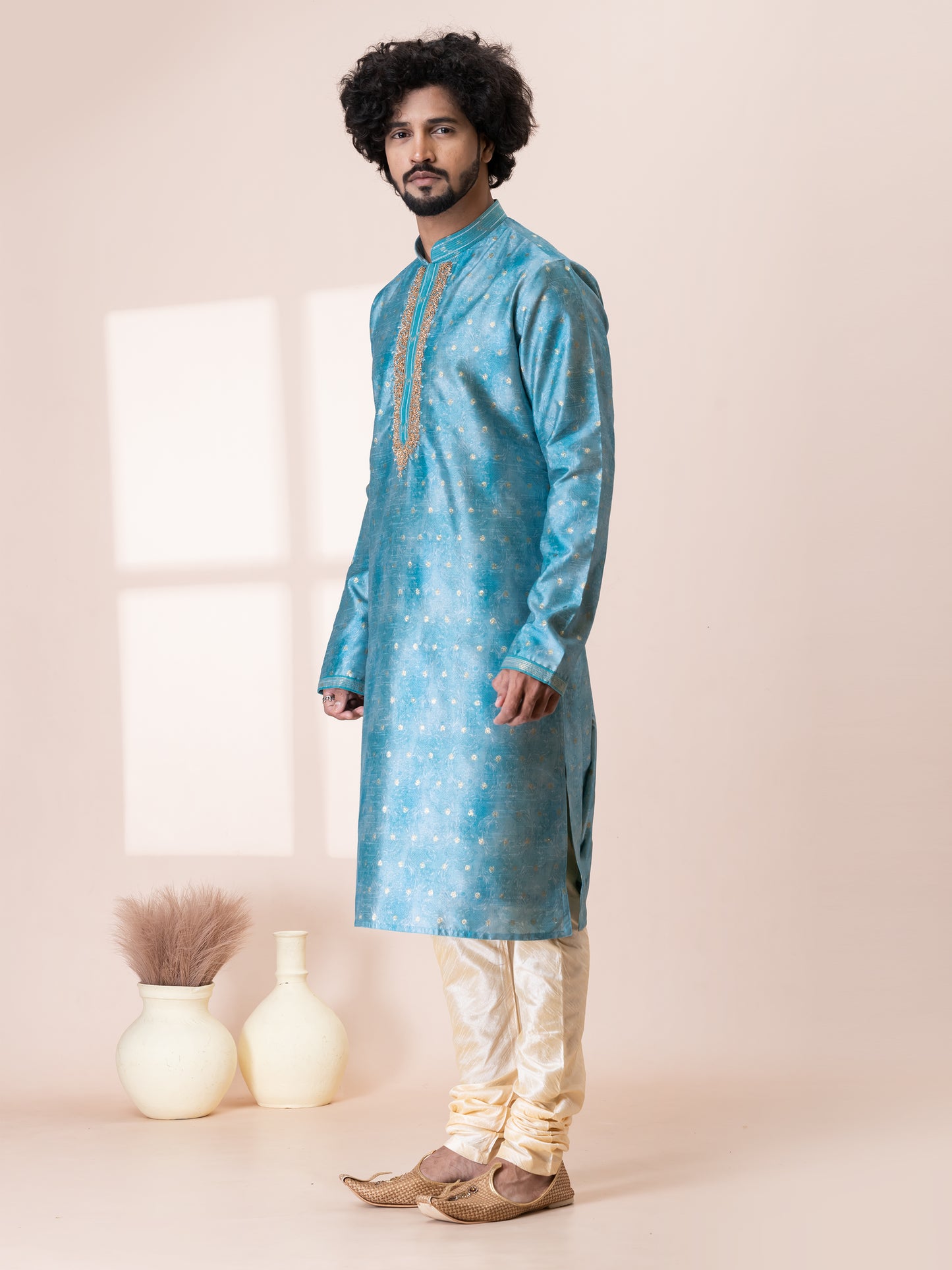 Majestic Moonstone Blue Silk Kurta Pajama Set with Neck Handwork