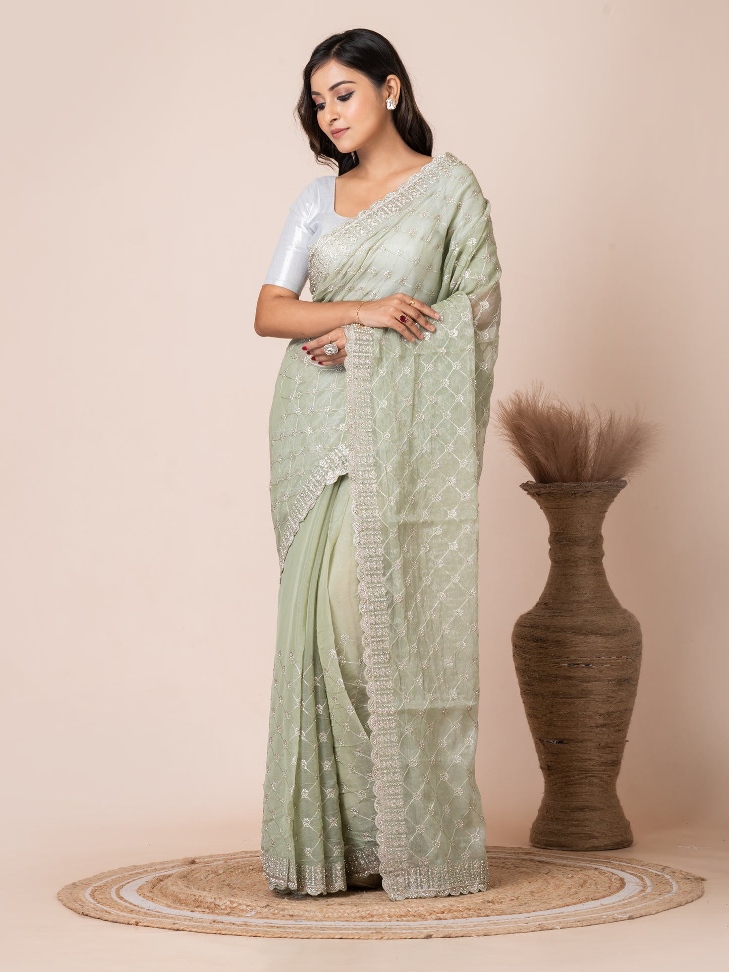 Exquisite Mint Green Tissue Saree