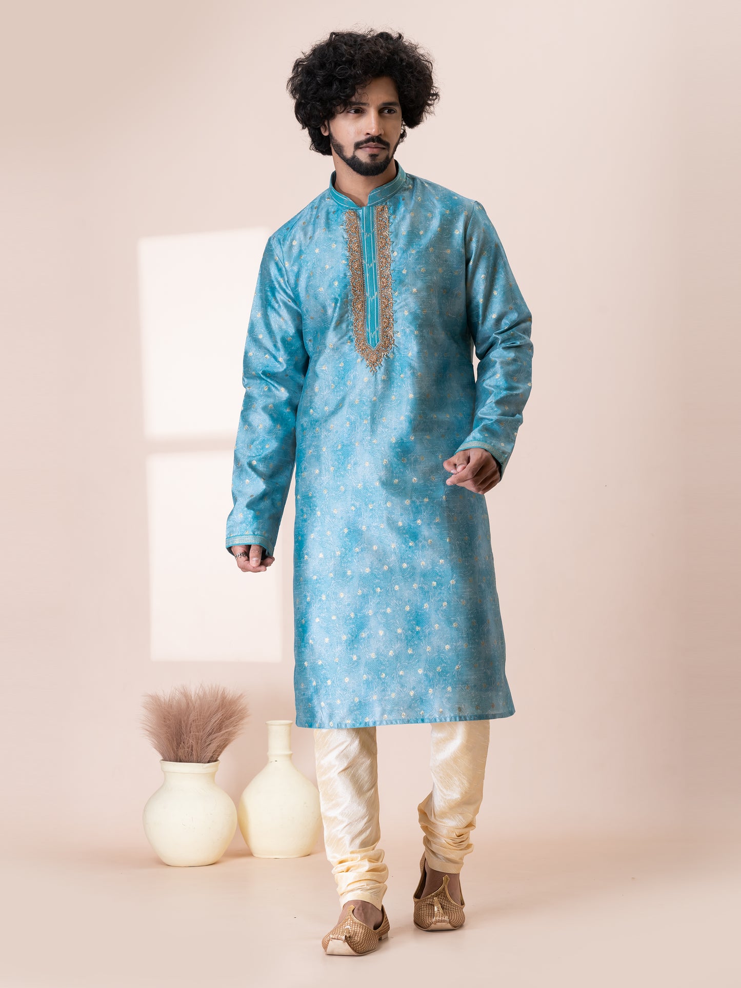 Majestic Moonstone Blue Silk Kurta Pajama Set with Neck Handwork
