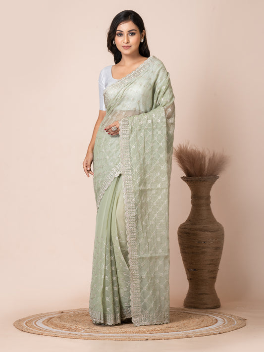 Exquisite Mint Green Tissue Saree