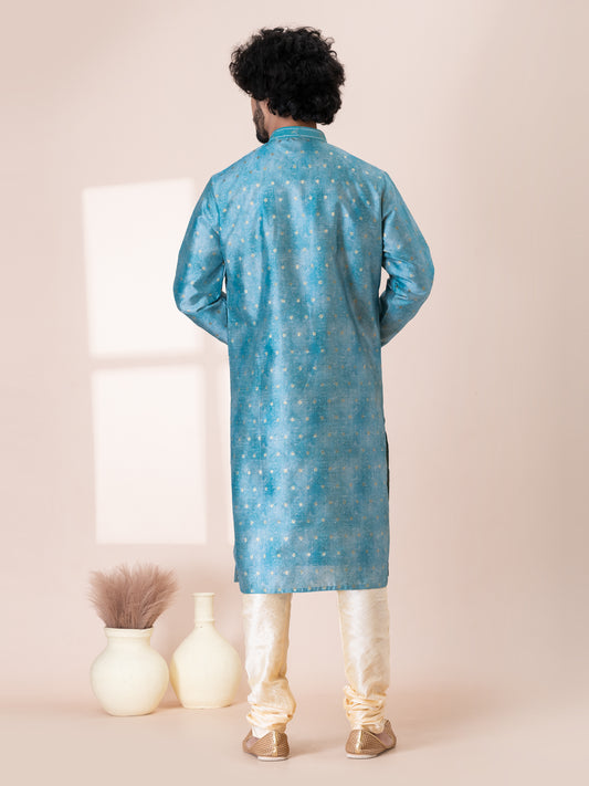 Majestic Moonstone Blue Silk Kurta Pajama Set with Neck Handwork