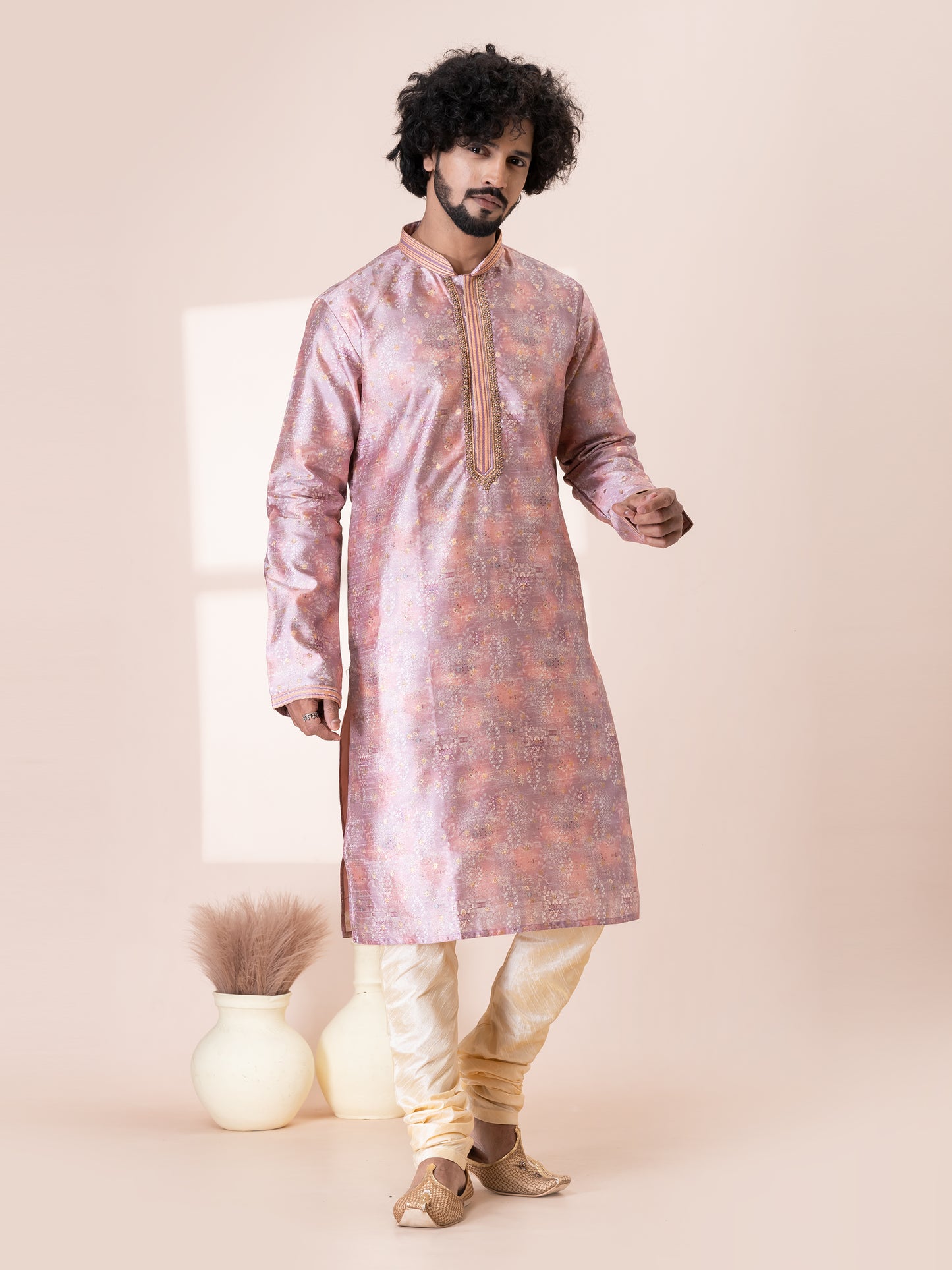 Striking Profound PinkSilk Kurta Pajama Set with Neck Handwork