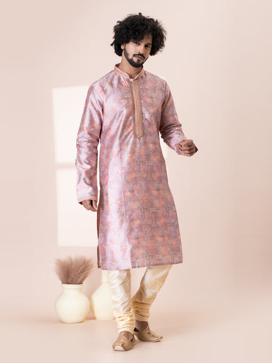 Striking Profound PinkSilk Kurta Pajama Set with Neck Handwork
