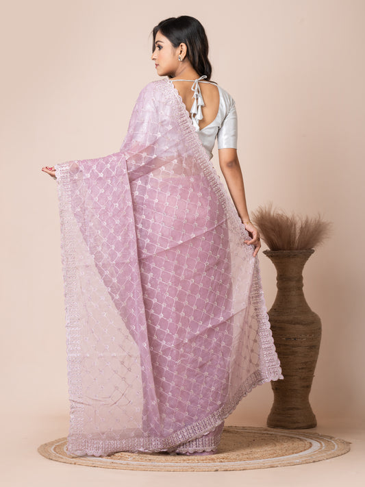 Elegant Pastel Purple Tissue Saree with Embroidered Border