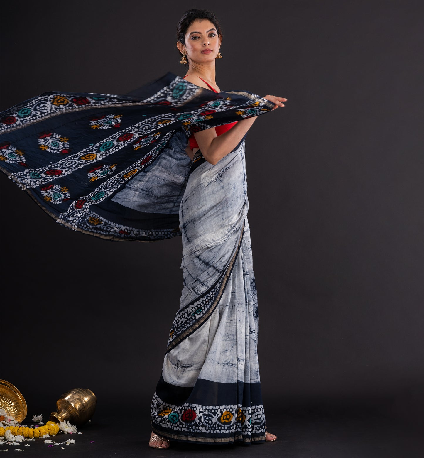 Monochrome Batik Cotton Saree with Tribal-Inspired Border