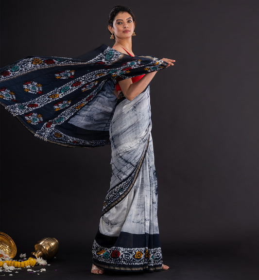 Monochrome Batik Cotton Saree with Tribal-Inspired Border