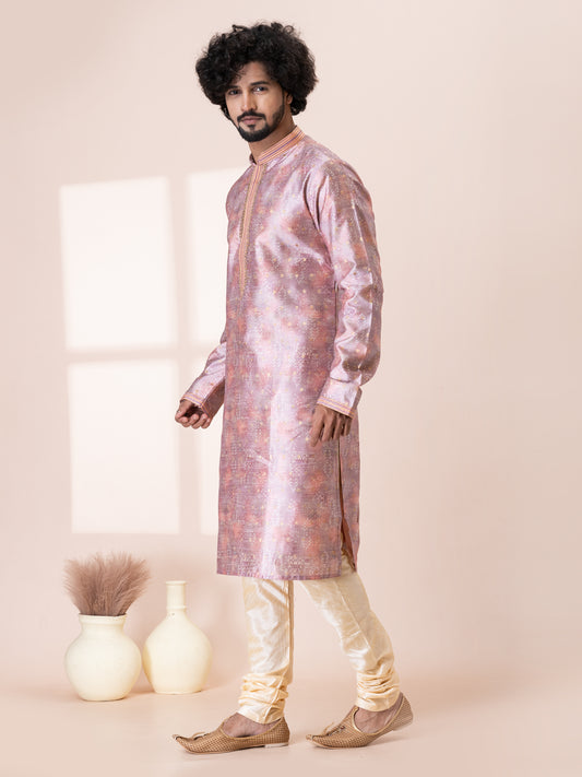 Striking Profound PinkSilk Kurta Pajama Set with Neck Handwork