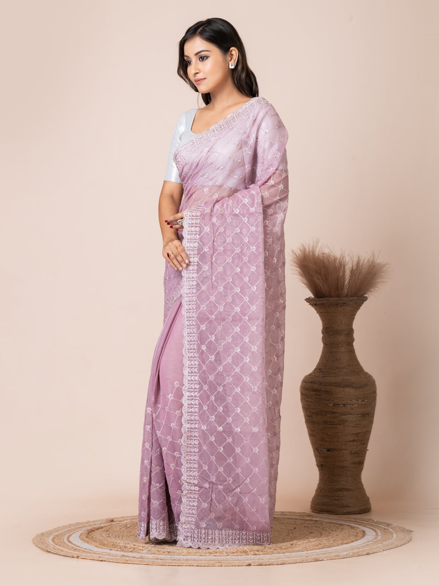 Elegant Pastel Purple Tissue Saree with Embroidered Border