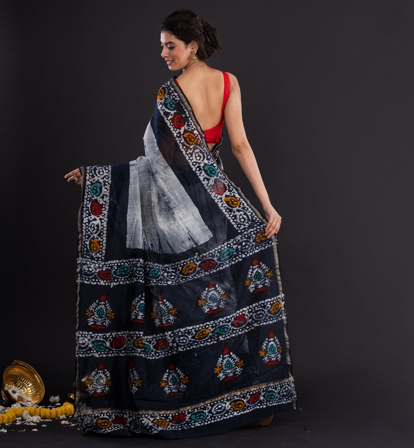 Monochrome Batik Cotton Saree with Tribal-Inspired Border