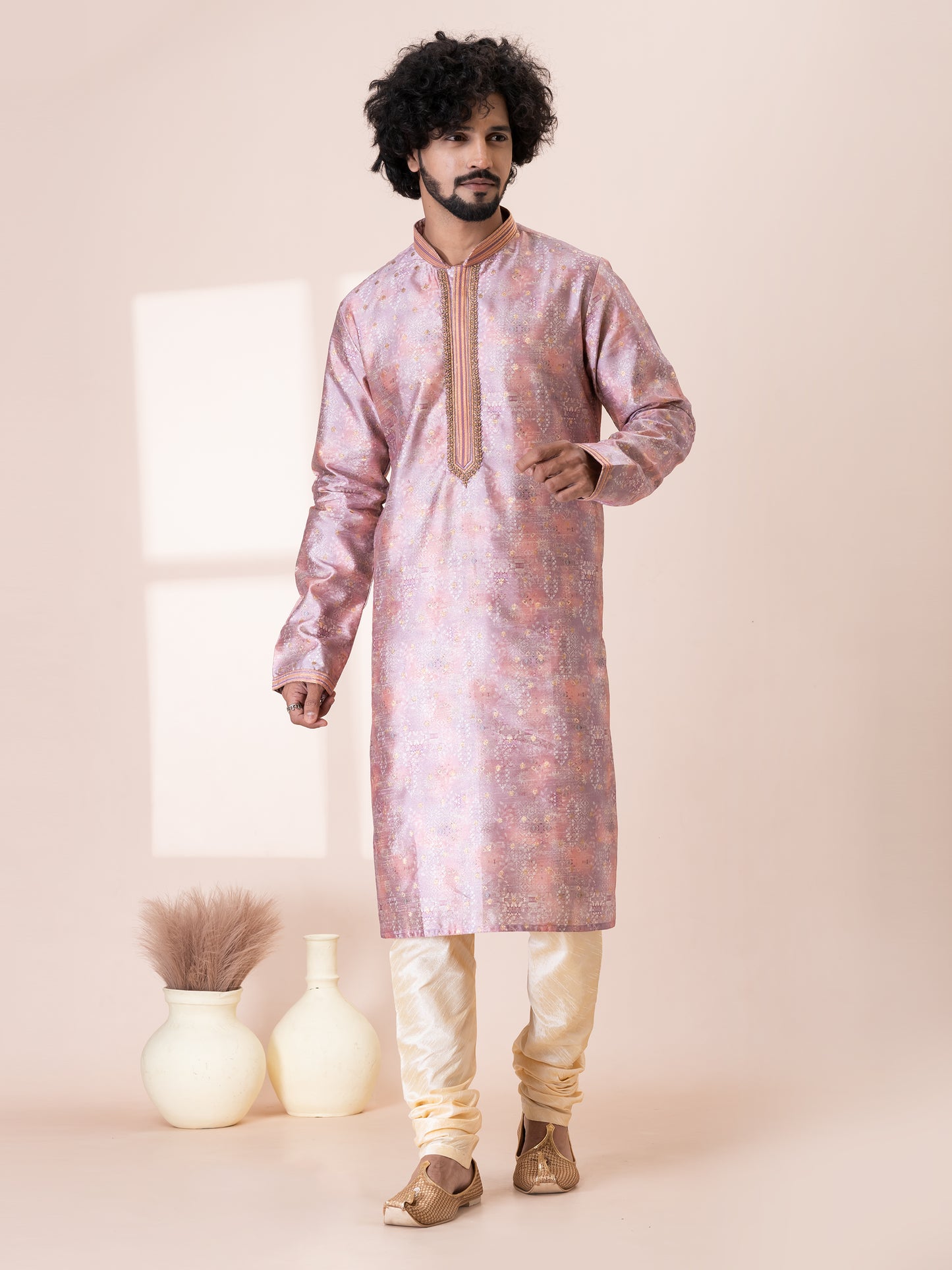 Striking Profound PinkSilk Kurta Pajama Set with Neck Handwork