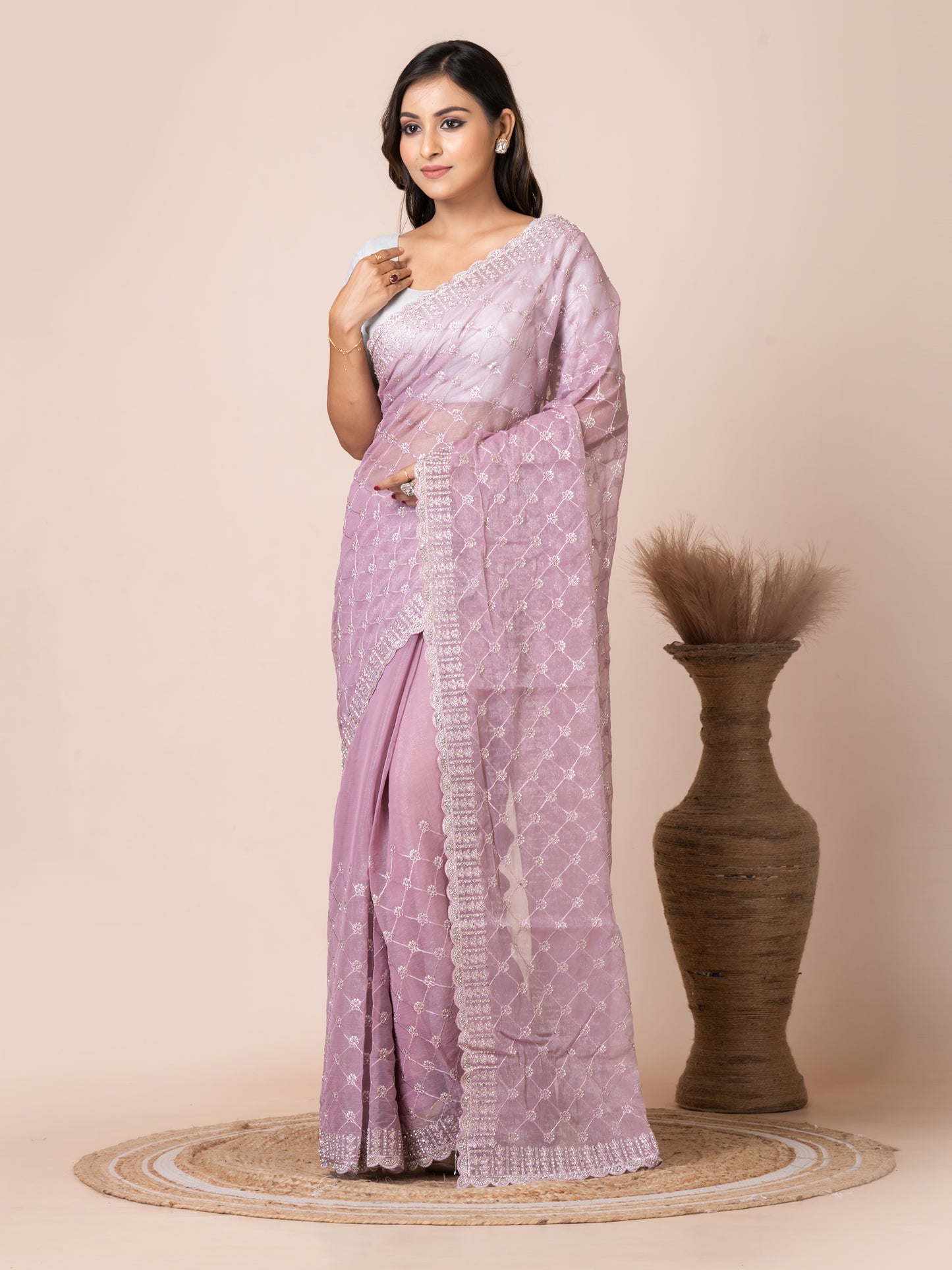 Elegant Pastel Purple Tissue Saree with Embroidered Border