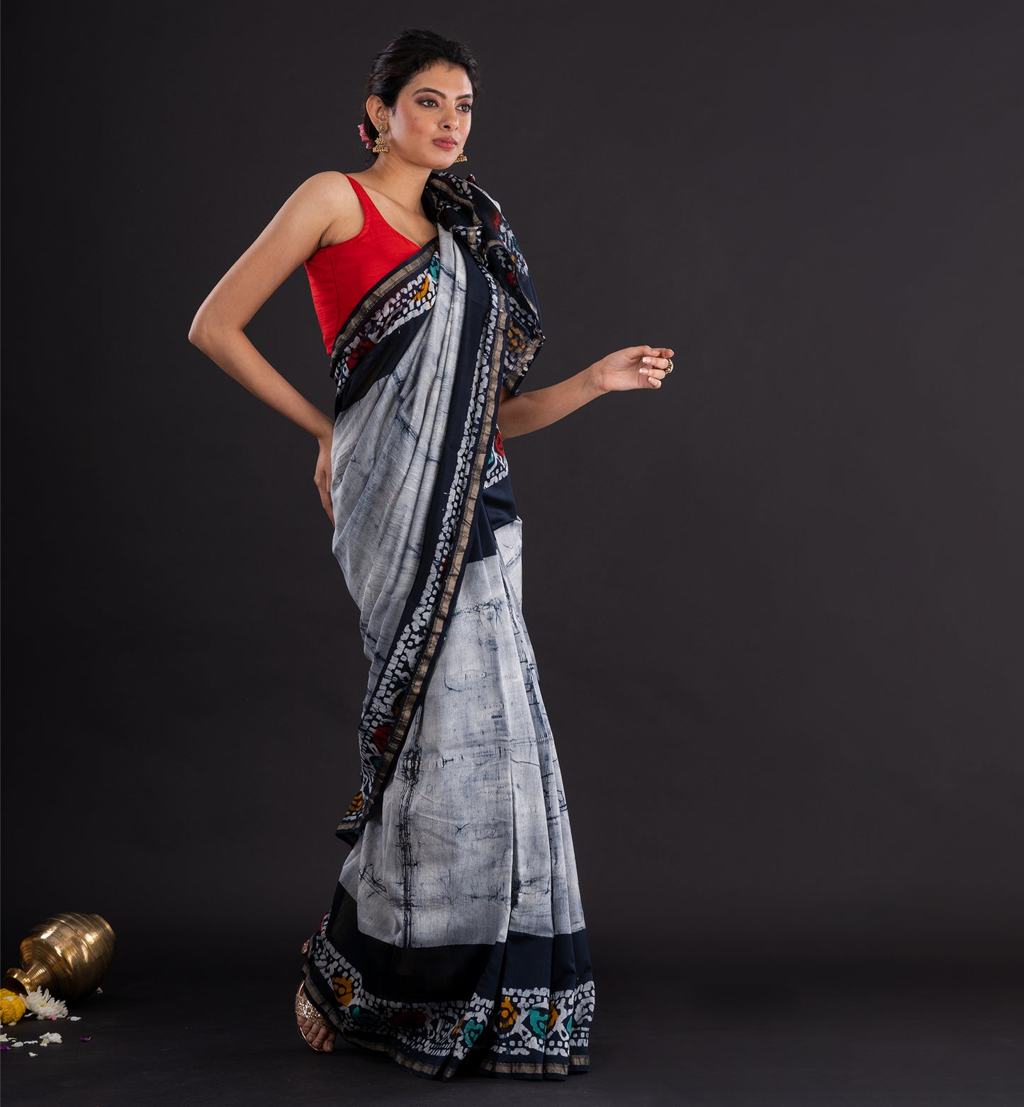 Monochrome Batik Cotton Saree with Tribal-Inspired Border