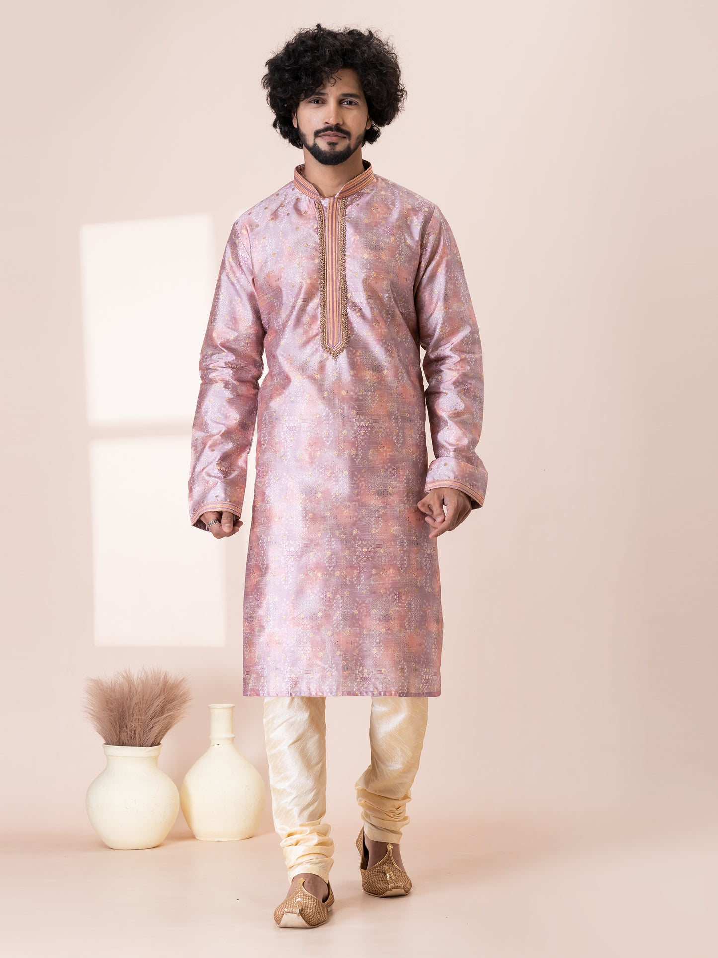 Striking Profound PinkSilk Kurta Pajama Set with Neck Handwork