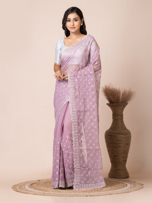 Elegant Pastel Purple Tissue Saree with Embroidered Border
