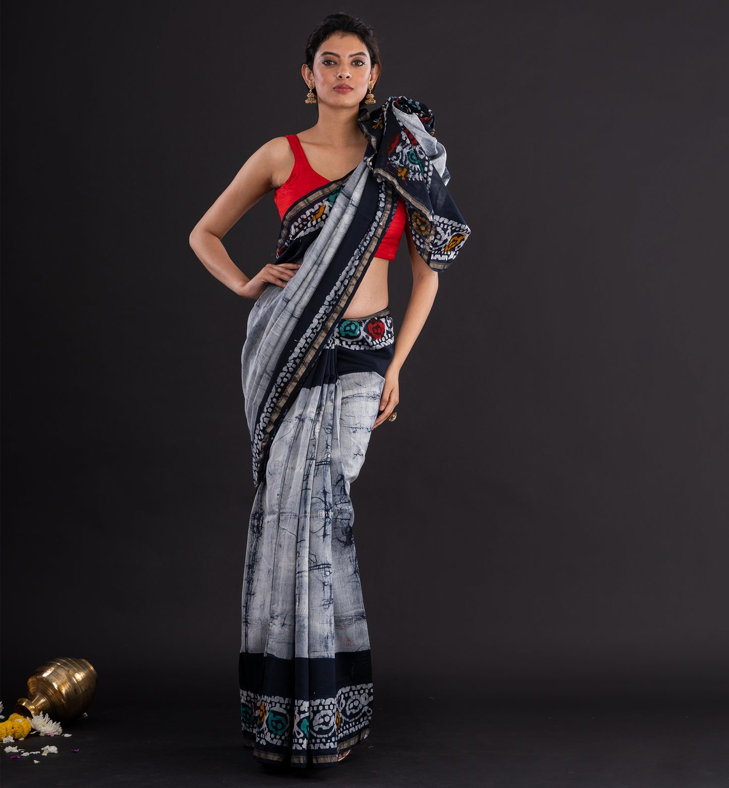 Monochrome Batik Cotton Saree with Tribal-Inspired Border