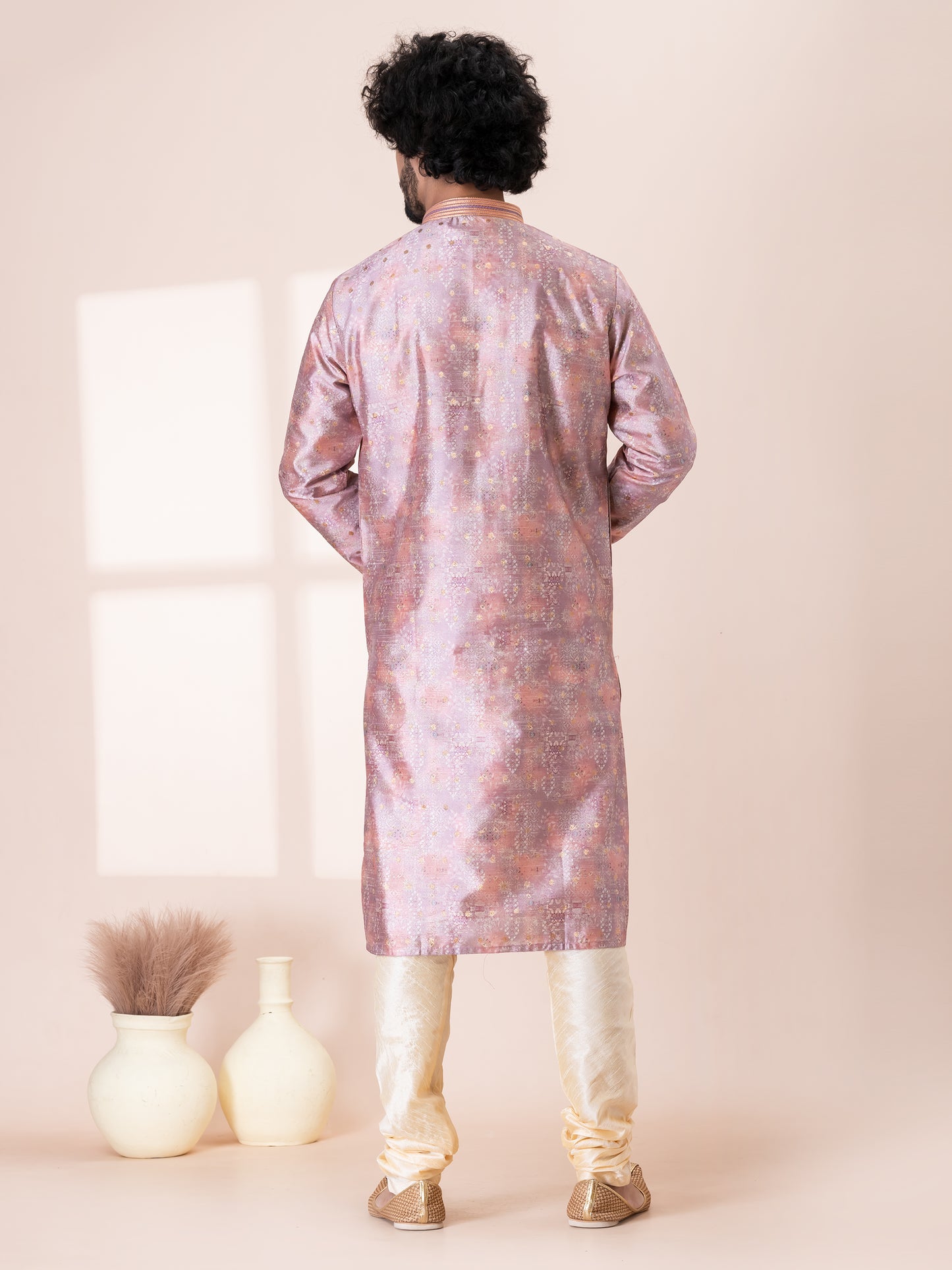 Striking Profound PinkSilk Kurta Pajama Set with Neck Handwork