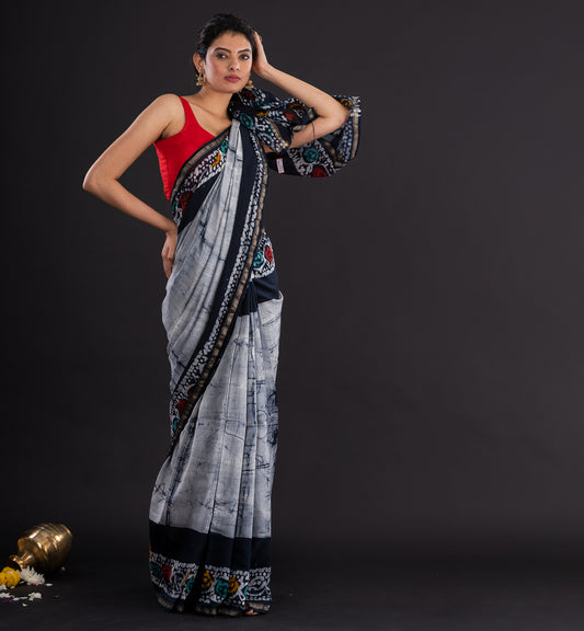 Monochrome Batik Cotton Saree with Tribal-Inspired Border