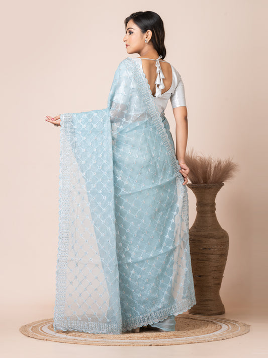 Elegant Sky Blue Net Saree with Embroidered Border
