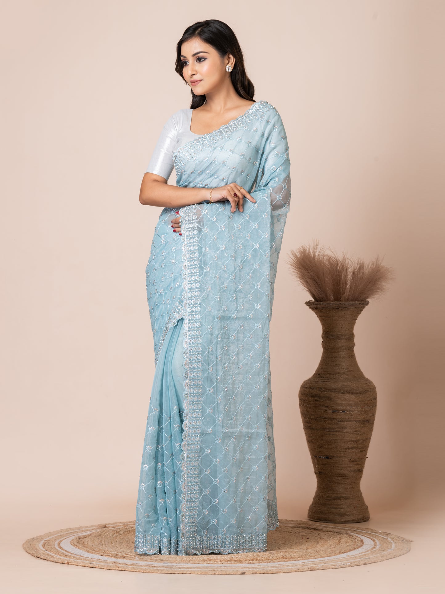 Elegant Sky Blue Net Saree with Embroidered Border