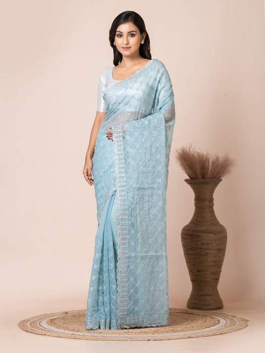 Elegant Sky Blue Net Saree with Embroidered Border