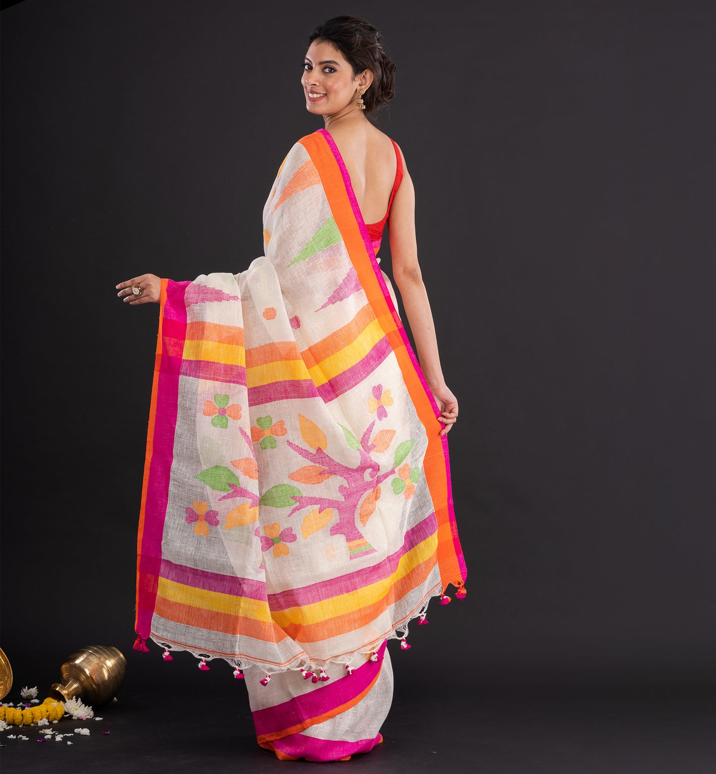 Ivory, Pink & Orange Handloom Boutique Cotton Saree