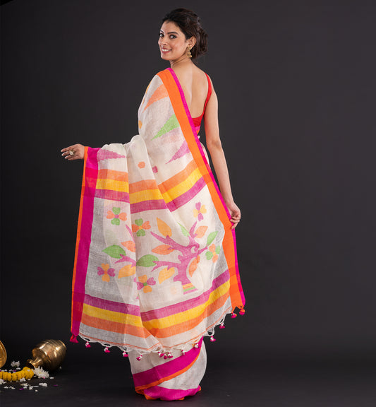 Ivory, Pink & Orange Handloom Boutique Cotton Saree