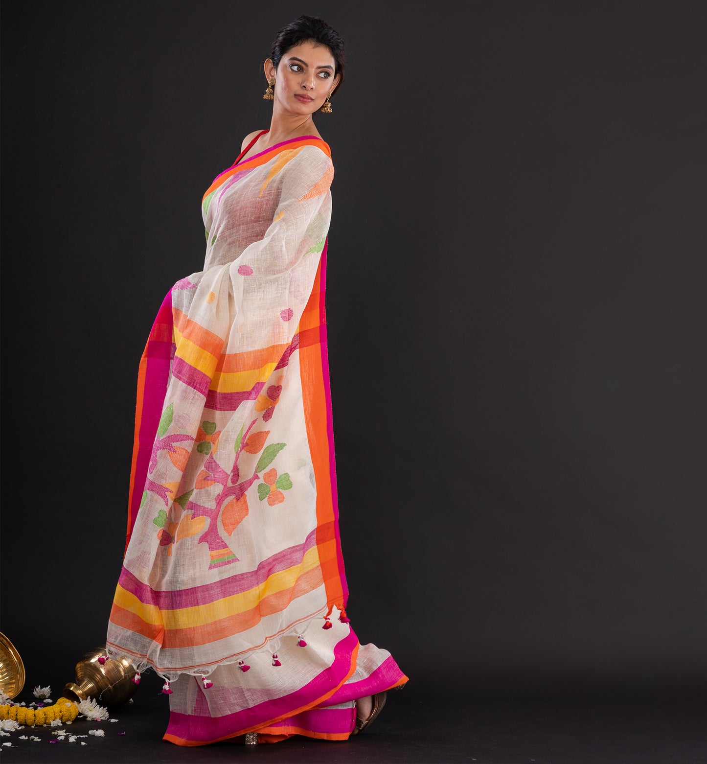 Ivory, Pink & Orange Handloom Boutique Cotton Saree