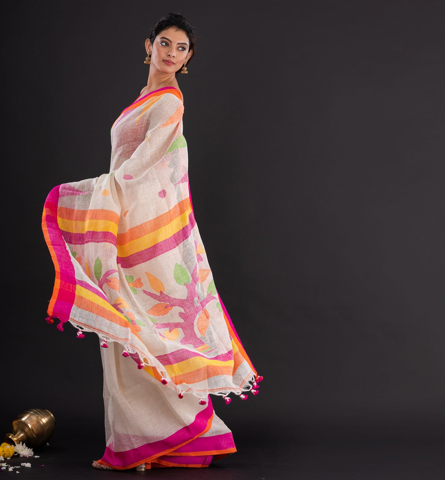 Ivory, Pink & Orange Handloom Boutique Cotton Saree