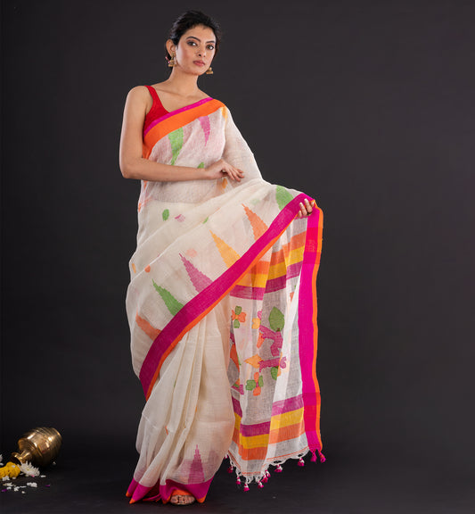 Ivory, Pink & Orange Handloom Boutique Cotton Saree