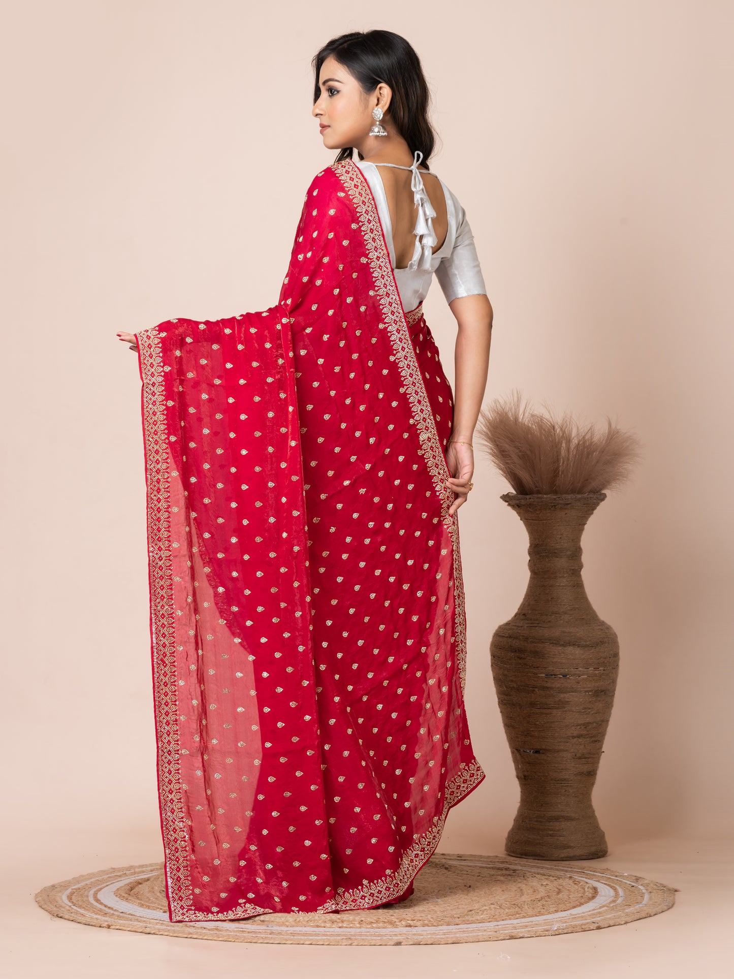 Vibrant Red Malmal Silk Saree with Embroidered Border