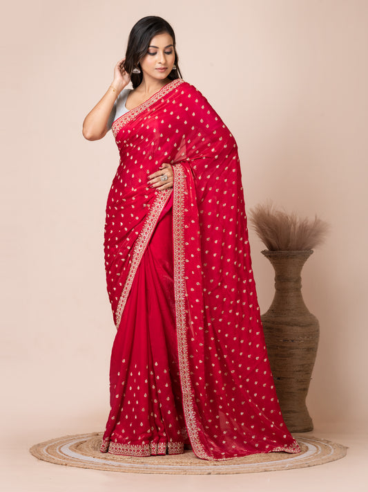 Vibrant Red Malmal Silk Saree with Embroidered Border