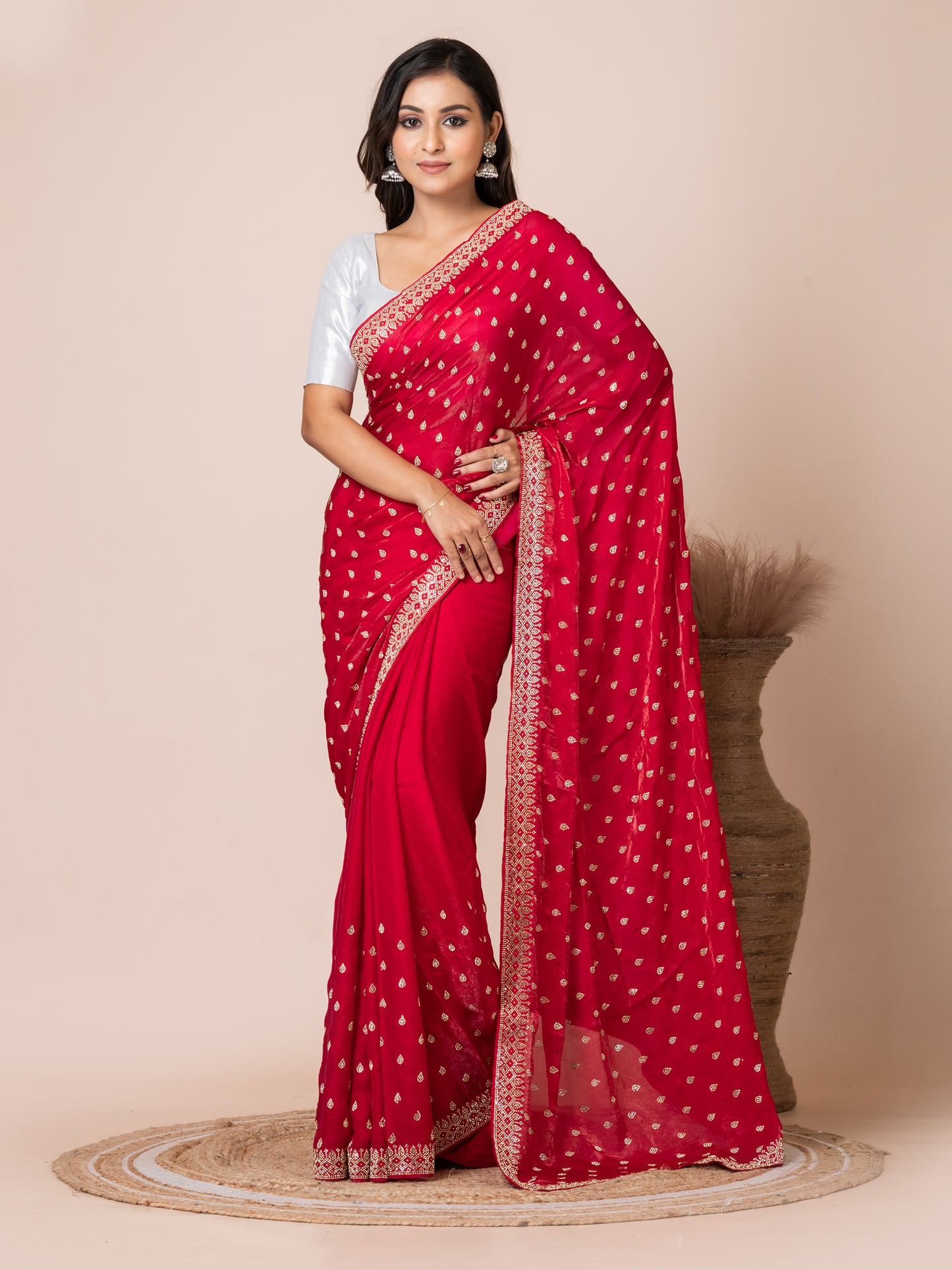 Vibrant Red Malmal Silk Saree with Embroidered Border