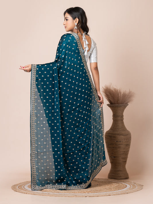 Sophisticated Teal Malmal Silk Saree with Embroidered Border